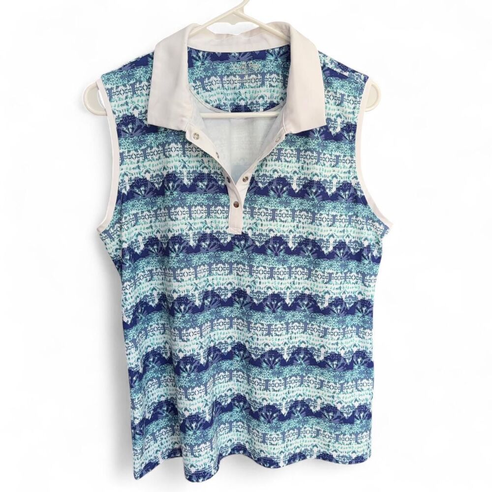 Coral Bay Golf Sleeveless Polo Shirt Blue Mosaic Print Size PL